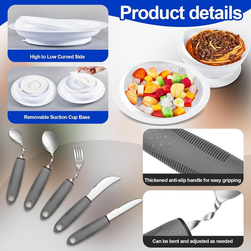 Maxcheck 2 Sets Adaptive Utensils Bowl and Plate Set Adaptive Self Feeding Dinnerware with Suction Base Non Slip Bendable Cutlery for Elderly Disabled Hand Tremors Arthritis Parkinson(White) - Image 3